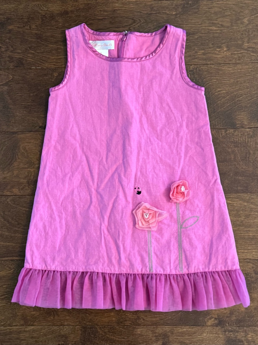 Girls Pink Floral Linen Appliqué Sleeveless Dress - Size 4